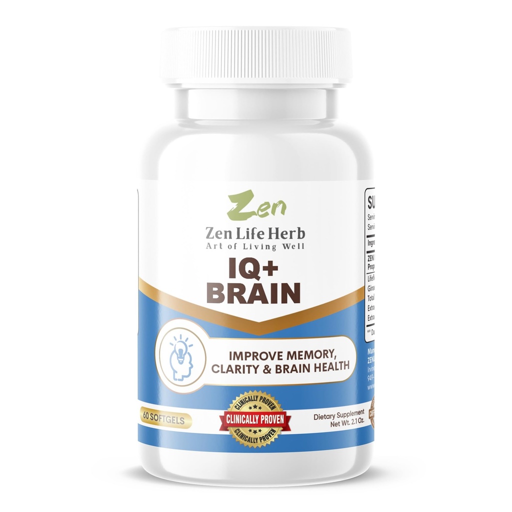 ZEN LIFE HERB IQ + Mózg - bez kawy, Klinicznie Tested Focus, Koncentracja, Pamięć i Energia, Naturalny Plant-oparty na Ziołowy Suplement, Nie Dodano Witaminy / Minerały / Grzyb / Cukier (60 Softgels)