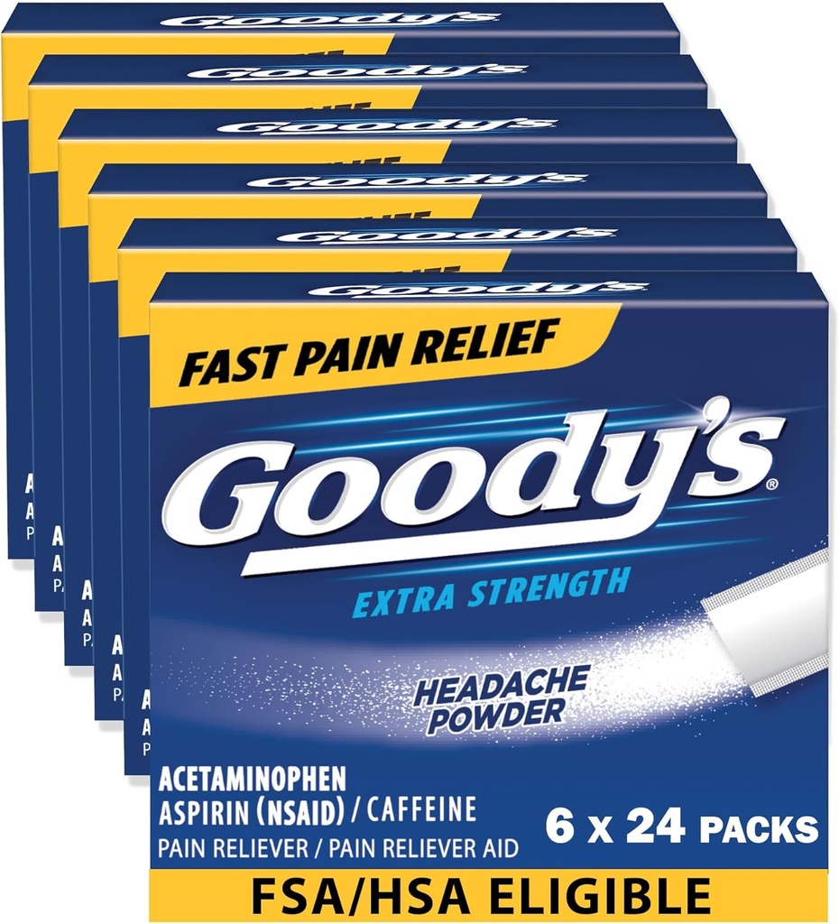 Ból głowy Goody 's Proszek Dodatkowa siła Ból Relief, potrójne działanie Ból głowy Relief z aspiryną, Acetaminofen & Kofeina, 24 Hrabia, Opakowanie 6