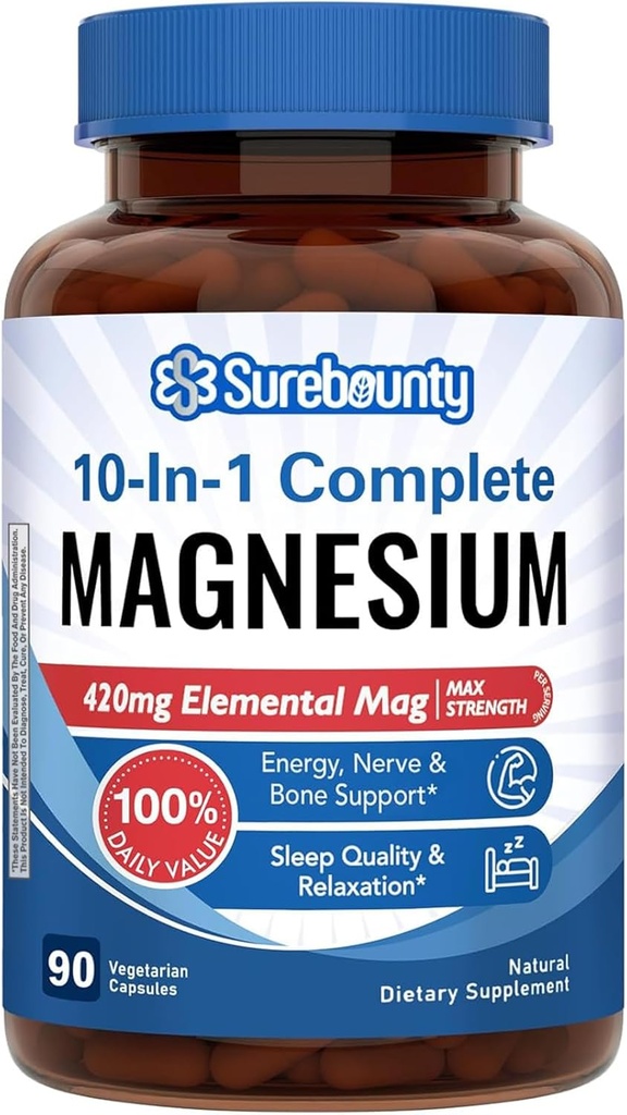 Magnezu Complex, 10- in-1 Formuła, 420mg Mag pierwiastkowy na podawanie, Magnezu glicynian, jabłczan, cytrynian, Wysoka Absorpcja, Bone & Relaxation, 90 Czapki