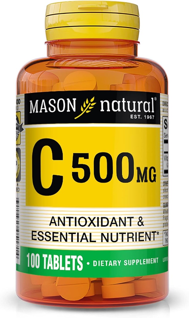 Witamina C 500 mg MASON NATURAL - wspomaga zdrowy system immunologiczny, przeciwutleniacz i odżywczy, 100 tabletek