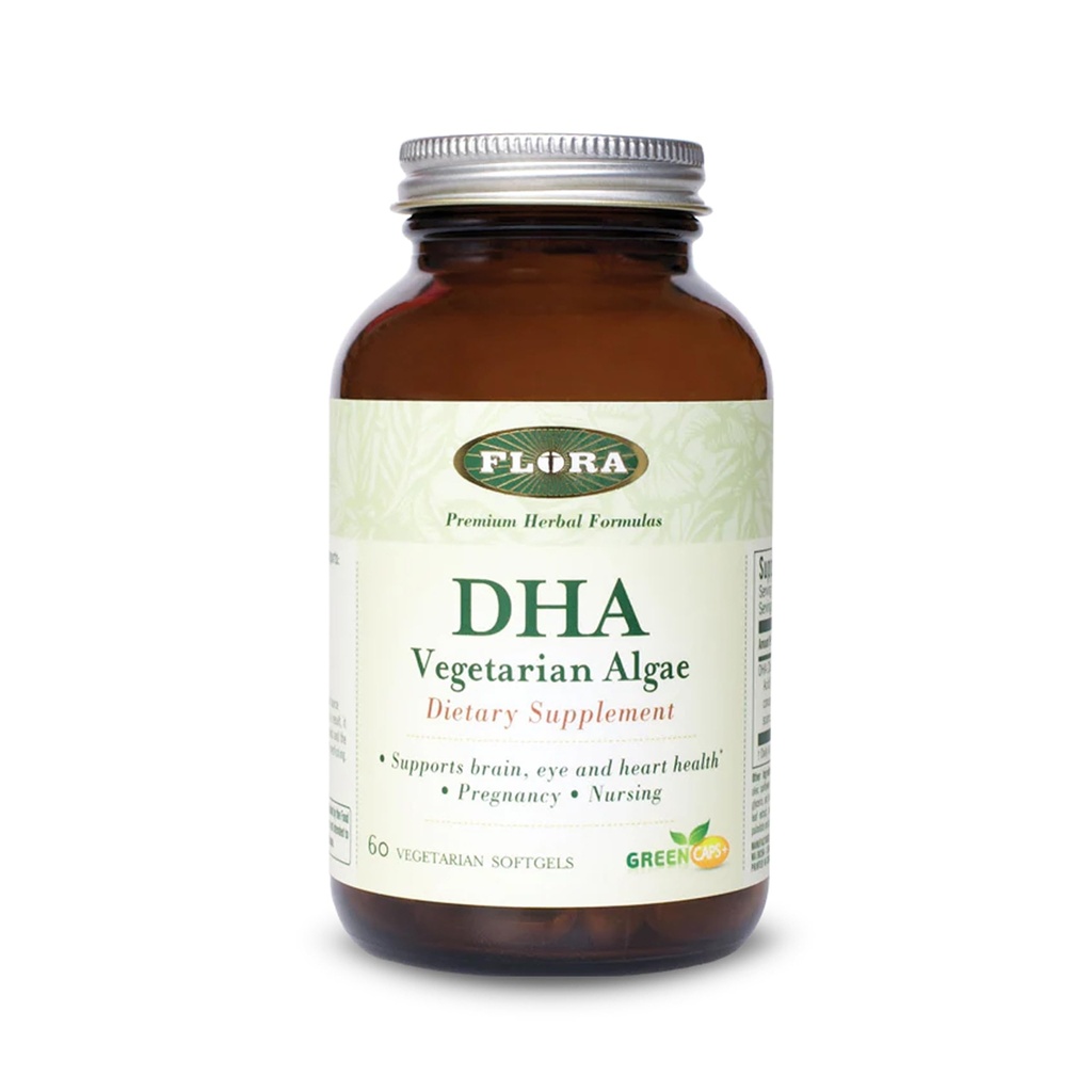 Flora - DHA Vegetarian Algae GreenCaps Plus - Brain & Heart Health - Pomaga ogólne zdrowie w czasie ciąży - Dla mózgu i układu nerwowego - Zapewnia Omega-3 - Vegan & Zrównoważony - 60 Softgels wegetariańskie