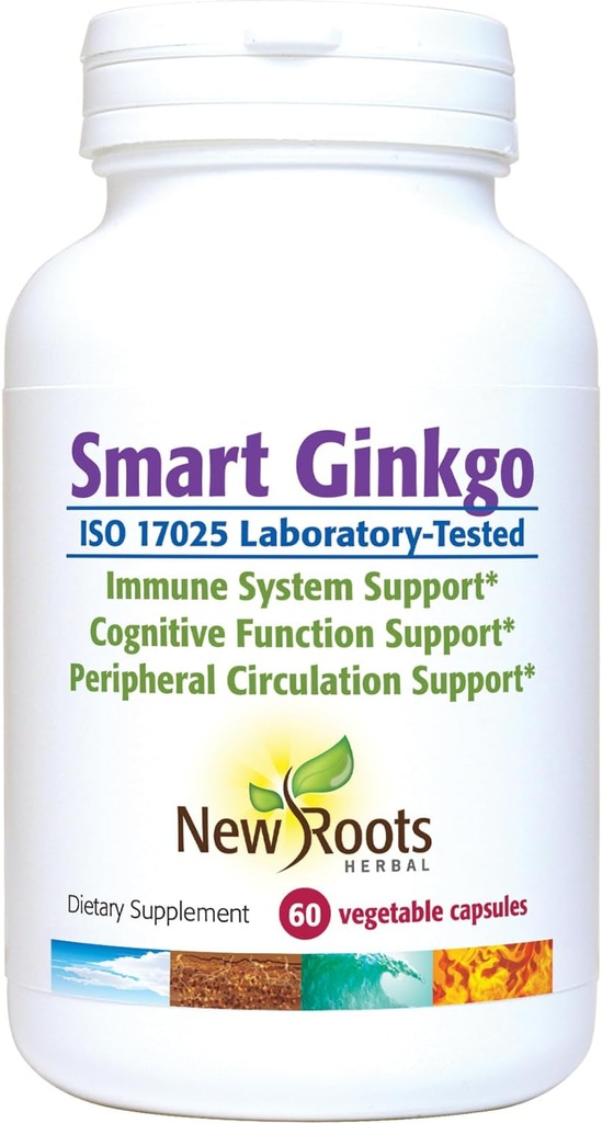 NOWY ROOTS HERBAL Smart Ginkgo Suplement, 60 Kapsułki roślinne, System immunologiczny i wsparcie Cognitive