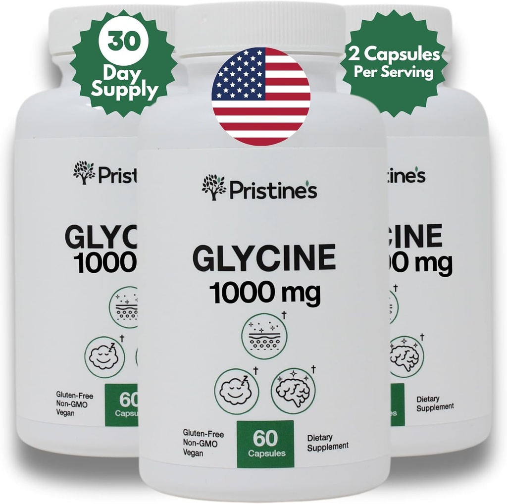 Glicyna PRISTINE 1000MG Acid Supplement Supplement Sleep Supples (3- Pack) - 90 Day Supply - Odzysk mięśni, Nerki Zdrowie i Kolagen Wsparcie produkcji formacji