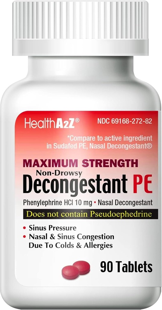 HealthA2Z ® Decongestant PE XI124; Fenylefryna HCl 10 mg XI124; Maksymalna moc XI124; Non- Drowsy Nasal & Sinus Congestion Relief Ze względu na zimno i alergie (90 Count (Opakowanie po 1))