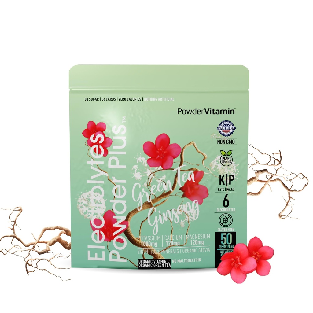 Proszek PowderWitamina Electrolytes Plus (50 Servings) Zielona herbata Ginseng Electrolyte Proszek Keto, Cukier wolny, Pink Himalayan Sól, 1000mg potasu, 120mg wapnia, 120mg magnezu, Proszek nawadniający