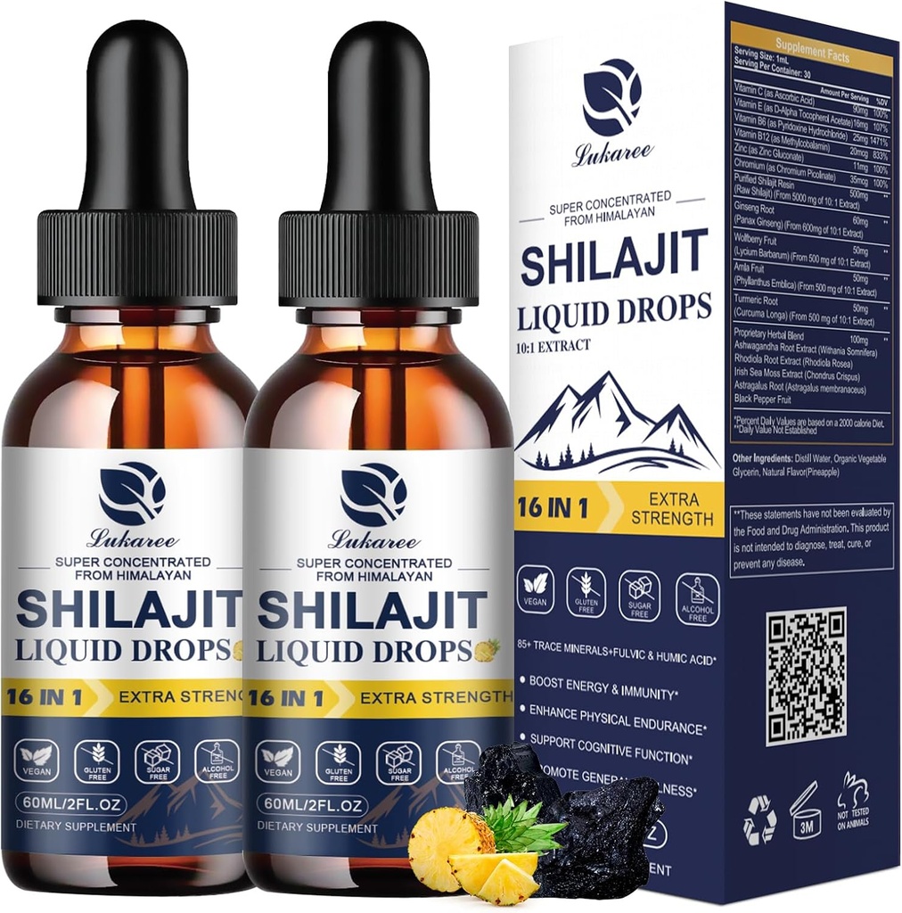 Lukaree 16- in-1 Shilajit Drops for Men and Women, Ashwagandha, Ginseng, Turmeric, Rhodiola, Amla, Sea Moss, Płynny suplement witaminy 85 + Ślad minerałów i kwasu Fulvic, 2 FL Oz (2 opakowania)