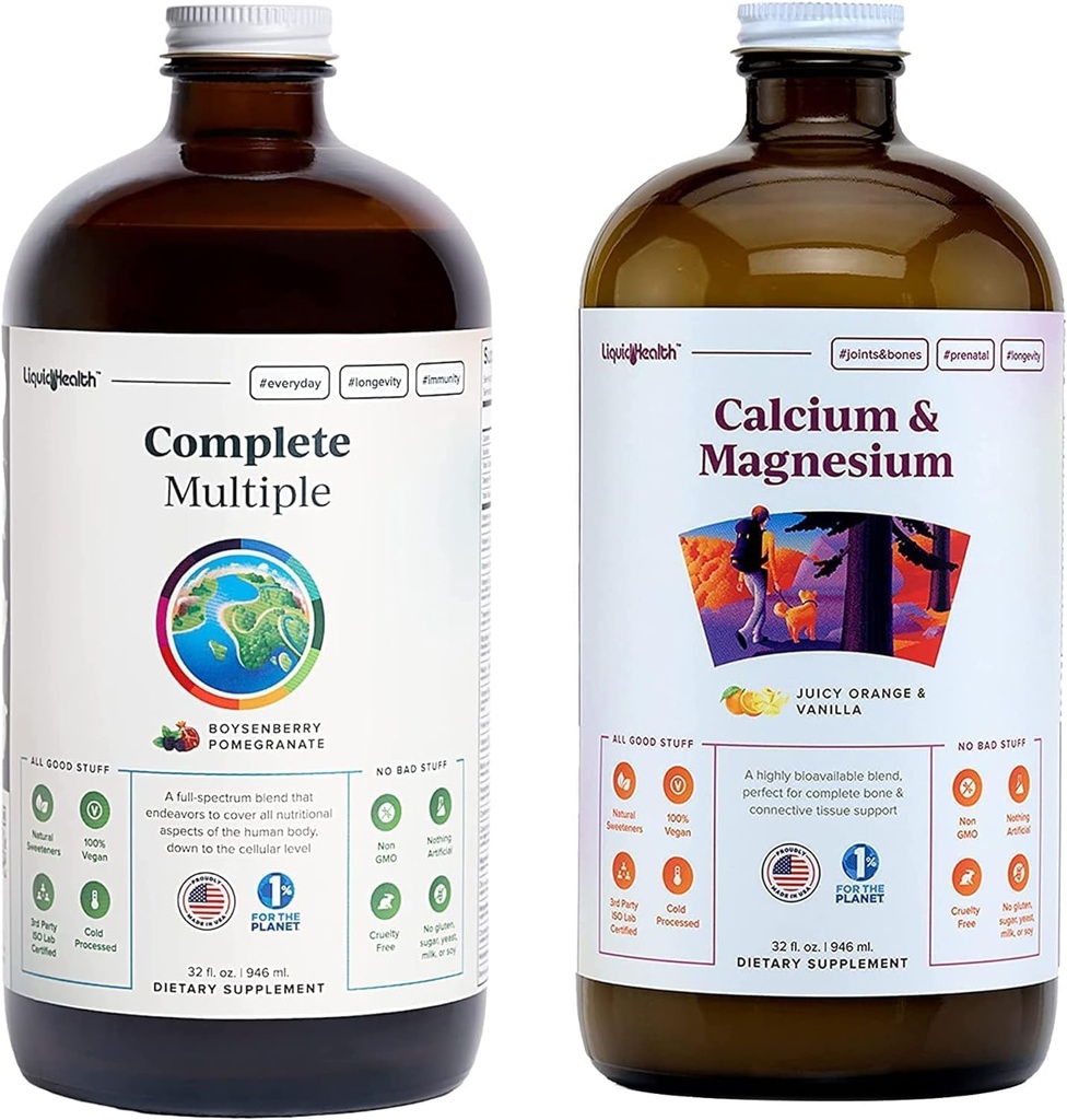 Liquidhealth Complete Multivitamin & Wapń i Magnezu Liquid Witaminowy Bundle dla dorosłych - Zdrowie całego ciała, System immunologiczny, kości i wspólnego wsparcia - Whole Foods, Wegan, Non-GMO, USA Made