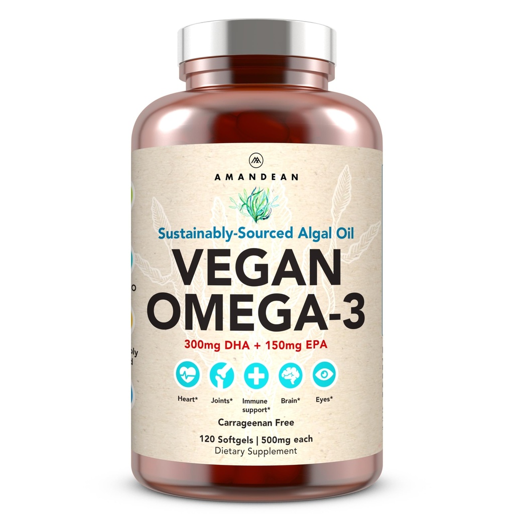 AMANDEAN Vegan Omega 3 Suplement. Premium Fish Oil Alternative. Algae DHA & EPA. Carrageenan Free Softgels. Algal Essential Fatty Acids. Plant Based Heart, Mózg, Oko, Skóra, Wsparcie immunologiczne. (120ct)