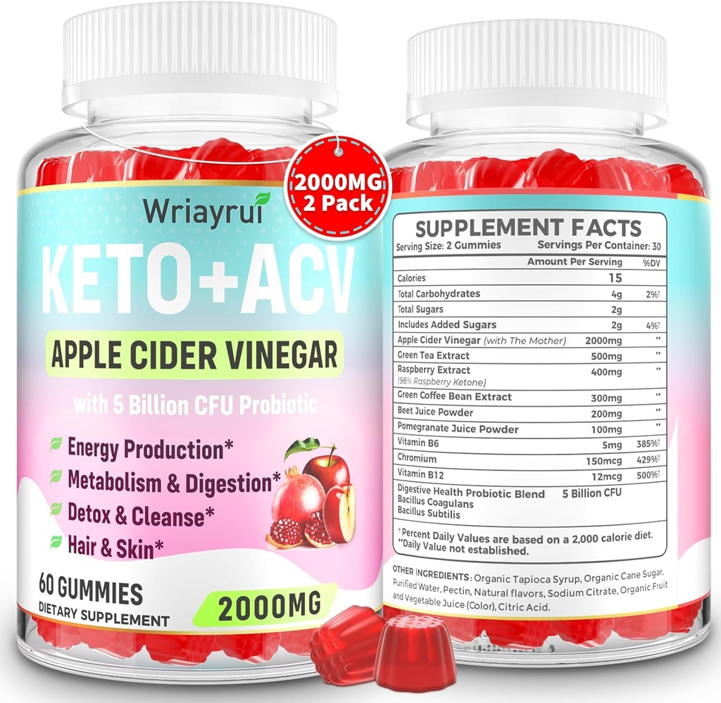 Keto ACV Gummie z Probiotyki & Witamina B12, 2000mg Jabłko Cydr Gummie z Matką, do metabolizmu, trawienia, Detox & Cleanse, Cukier wolny, Weganka - Przyjazny, 120 Gummies