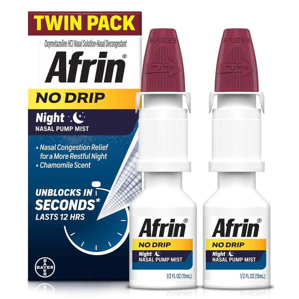 AFRIN No Drip Night Nasal Mist Twin Pack, Non- Drowsy, Szybkie działanie Decongestant do niespokojnego snu z rumianku Scent, Dorośli i dzieci 6 i Starsze, .5 fl oz (Opakowanie 2)