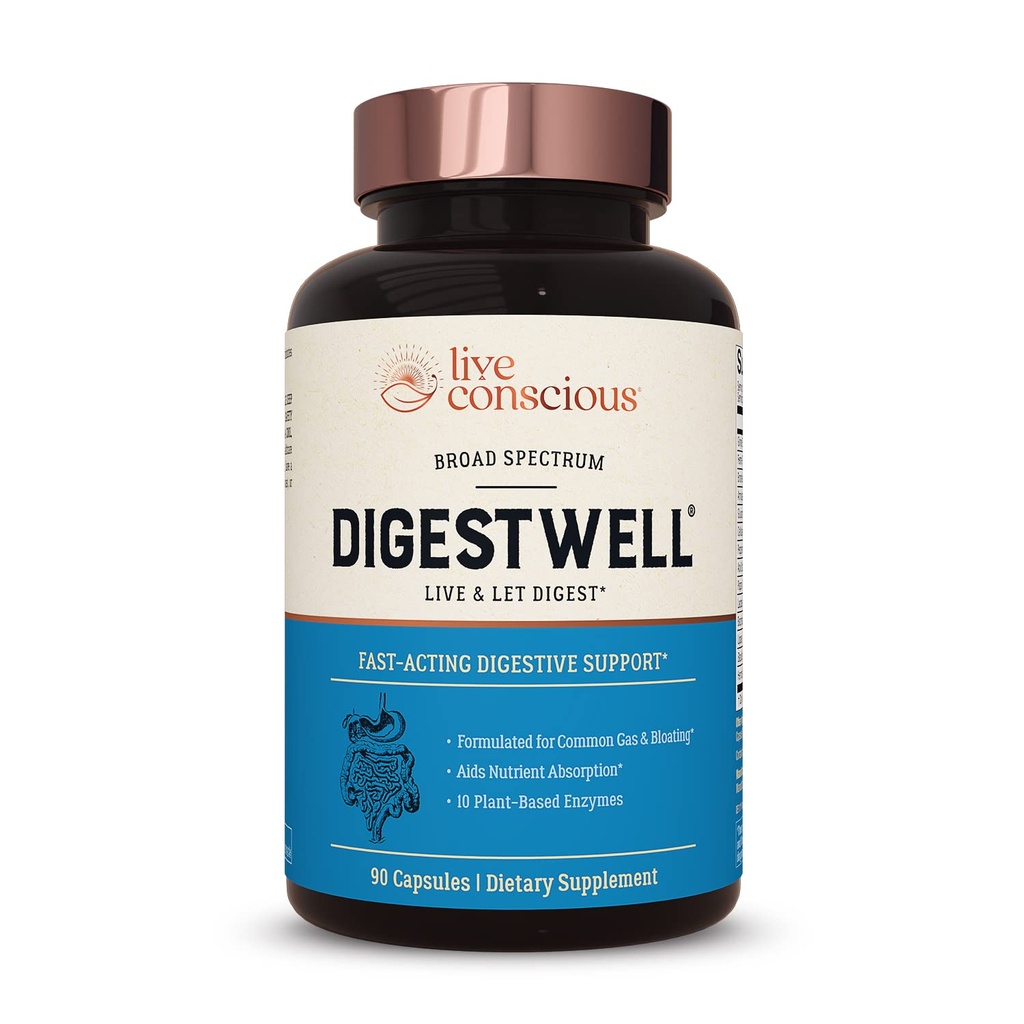 Live Conscious DigestWell natychmiastowe wsparcie - Fast- Acting Digestive Support 124; Szerokie Spectrum Enzym, Probiotic & Herbal Formula - Degrees Codzienne Gaz & Bloating - 90 Kapsułki