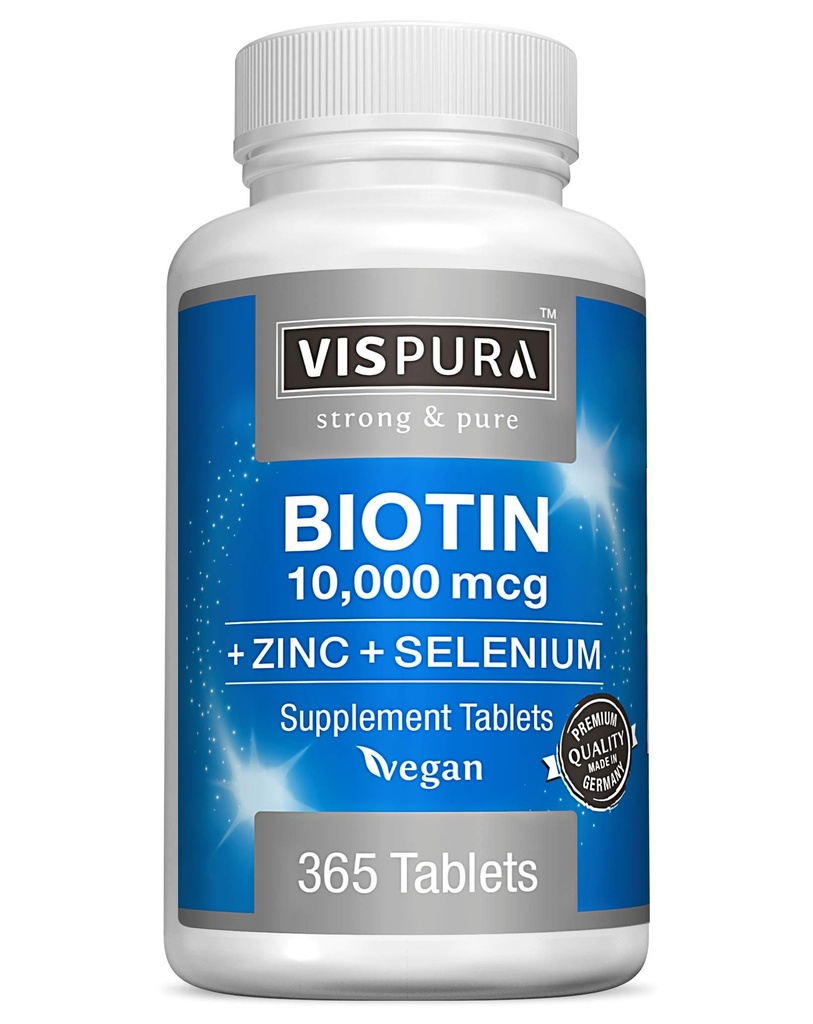Biotin 10000 mcg + Cynk + Selen, Czysty, Wegan & Extra Strong, Najlepszy suplement do wzrostu włosów, Świecąca skóra, silne paznokcie *, 365 Tabletki na 12 miesięcy, Natural Bez dodatków