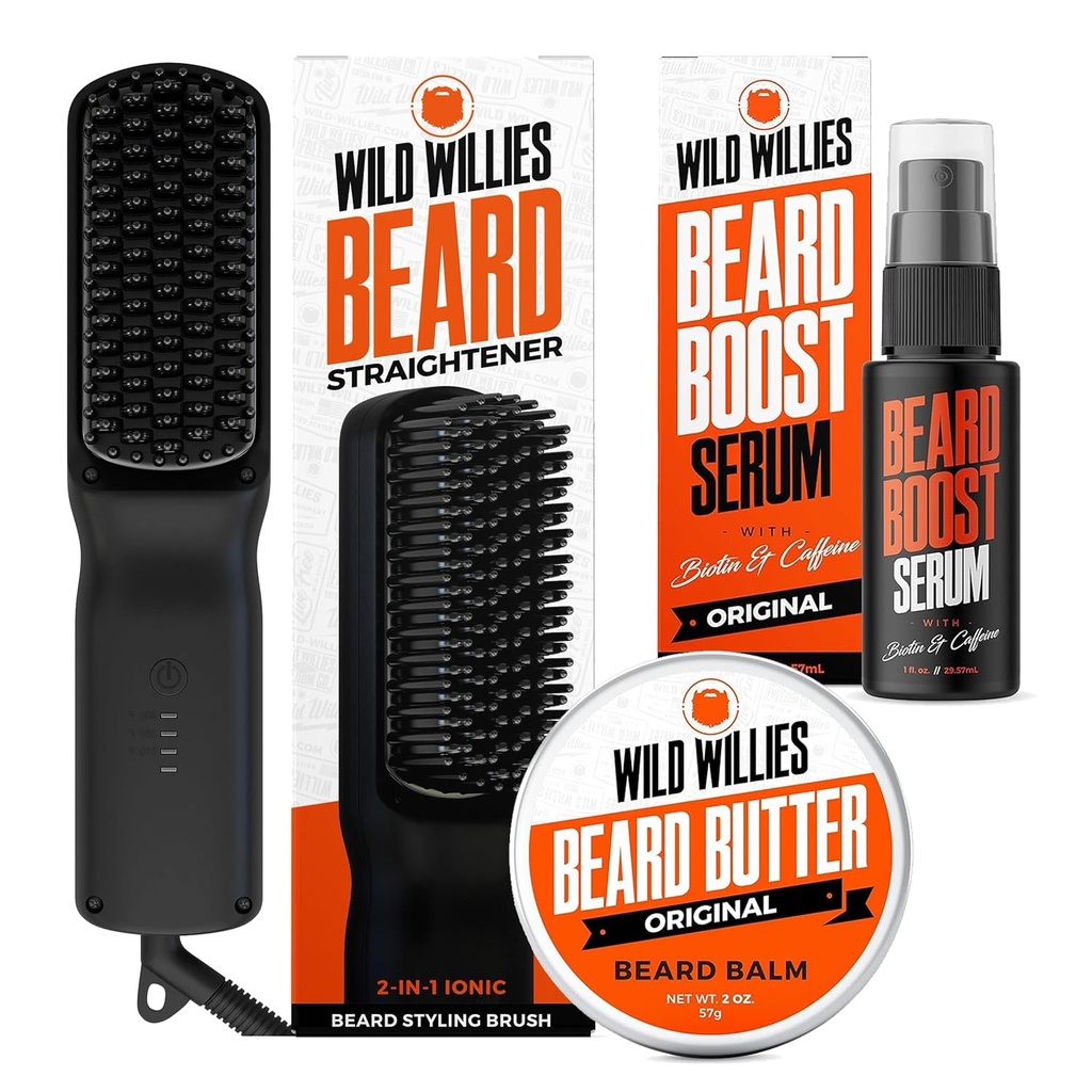 Willy Beard Care Kit: Podgrzewany Prostownica dla mężczyzn, Masło z brodą, i Beard Growth Serum - Ultimate Grooming Tool Set, Beard Balm, Hydrating Serum, Gorąca szczotka z broda do codziennego użytku