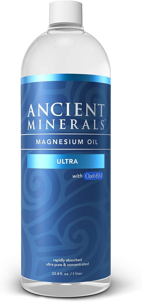 Ancient Minerals Magnezu Oil Ultra z OptiMSM, Refill 33.8 oz. - Czysty Genuine Zechstein Magnezu Chlorek Suplement z MSM - Najlepsza miejscowa skóra Zastosowanie do absorpcji dermalnej