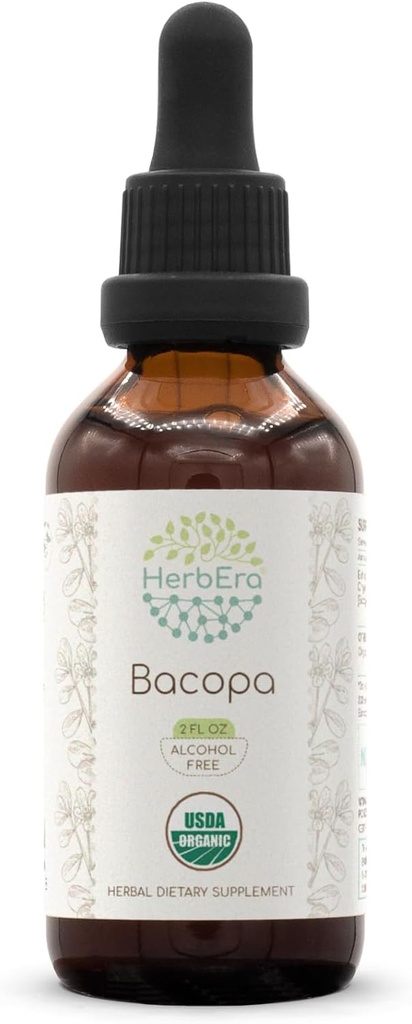 HerbEra Bacopa B60 USDA Organiczne nalewki 124; Ekstrakt wolny od alkoholu, Wysokiej mocy zioła Dropy, Relaksacja, Pozytywny efekt kognitywny Bacopa (Bacopa Monnieri) Suszony Herb (2 fl oz)