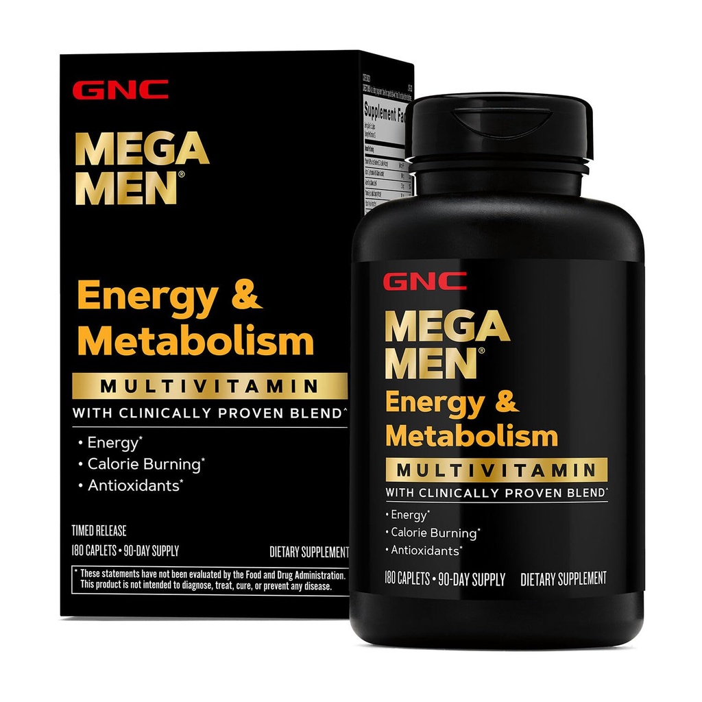 GNC Mega Mega Men Energy & Metabolizm Kapsułki wielowymiarowe, Klinicznie udowodnione, aby poczuć się lepiej, Calorie Burn, Focus, 100mg kofeiny, termogeniczne, immunologiczne, witaminy B, Timed Release, 180 Count, 90 Day Supply