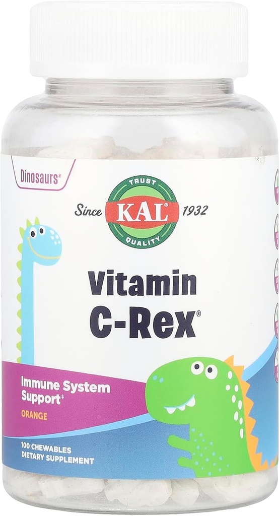 KAL C- Rex Witamina do żucia C dla dzieci, Suplement wsparcia immunologicznego z bioflawonoidami z Rose HIPS, Rutin & Acerola, Pomarańcza smakowa, Fruktoza wolna, Tabletki do żucia