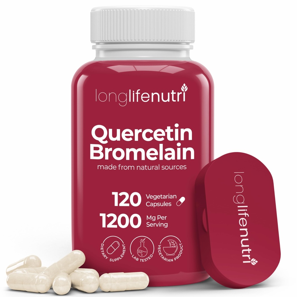 LongLifeNutri Quercetin 1000mg z Bromelain 200mg - 120 Kapsułki wegetariańskie, organiczny dwuwodny kompleks do wspólnej mobilności i równowagi oddechowej, 2- Miesiąc dostaw, GMP Certified, Made in USA