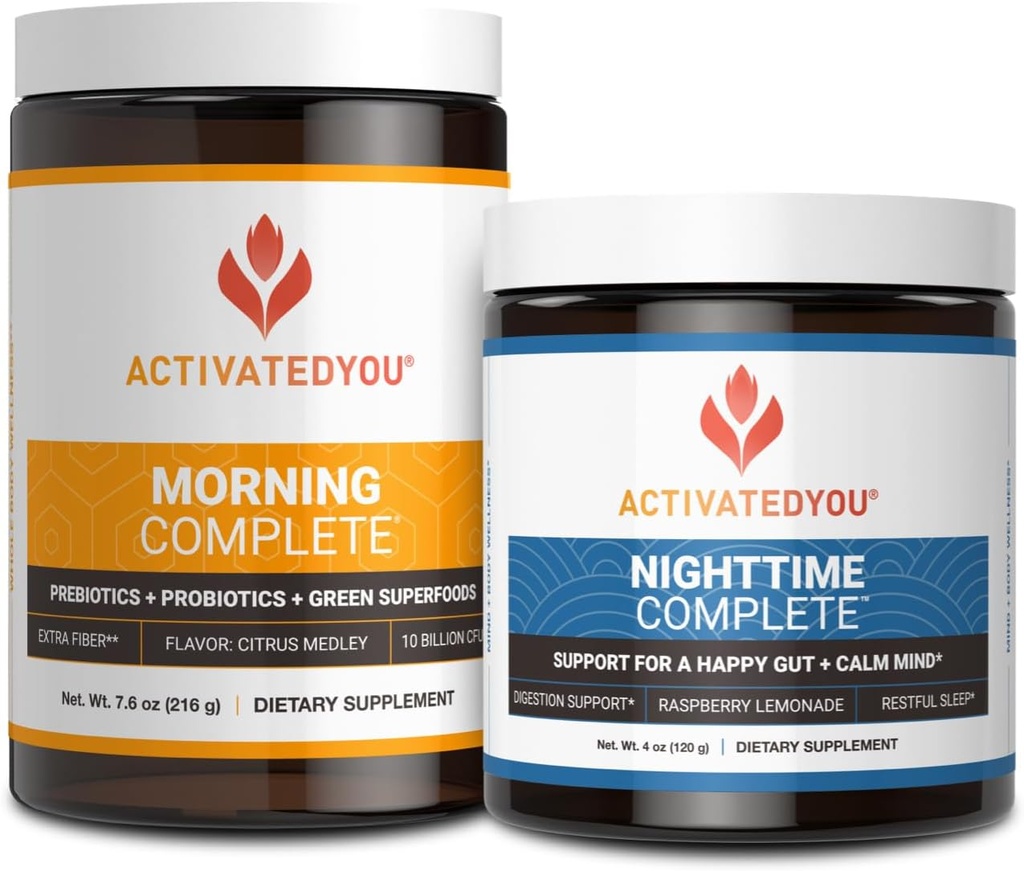 ACTIVATEDYOU rano Kompletne Prebiotyki, Probiotyki i Green Superfoods (Citrus Medley) & Nighttime Complete, Ashwaghanda (Raspberry Lemonade), 30 Służenia