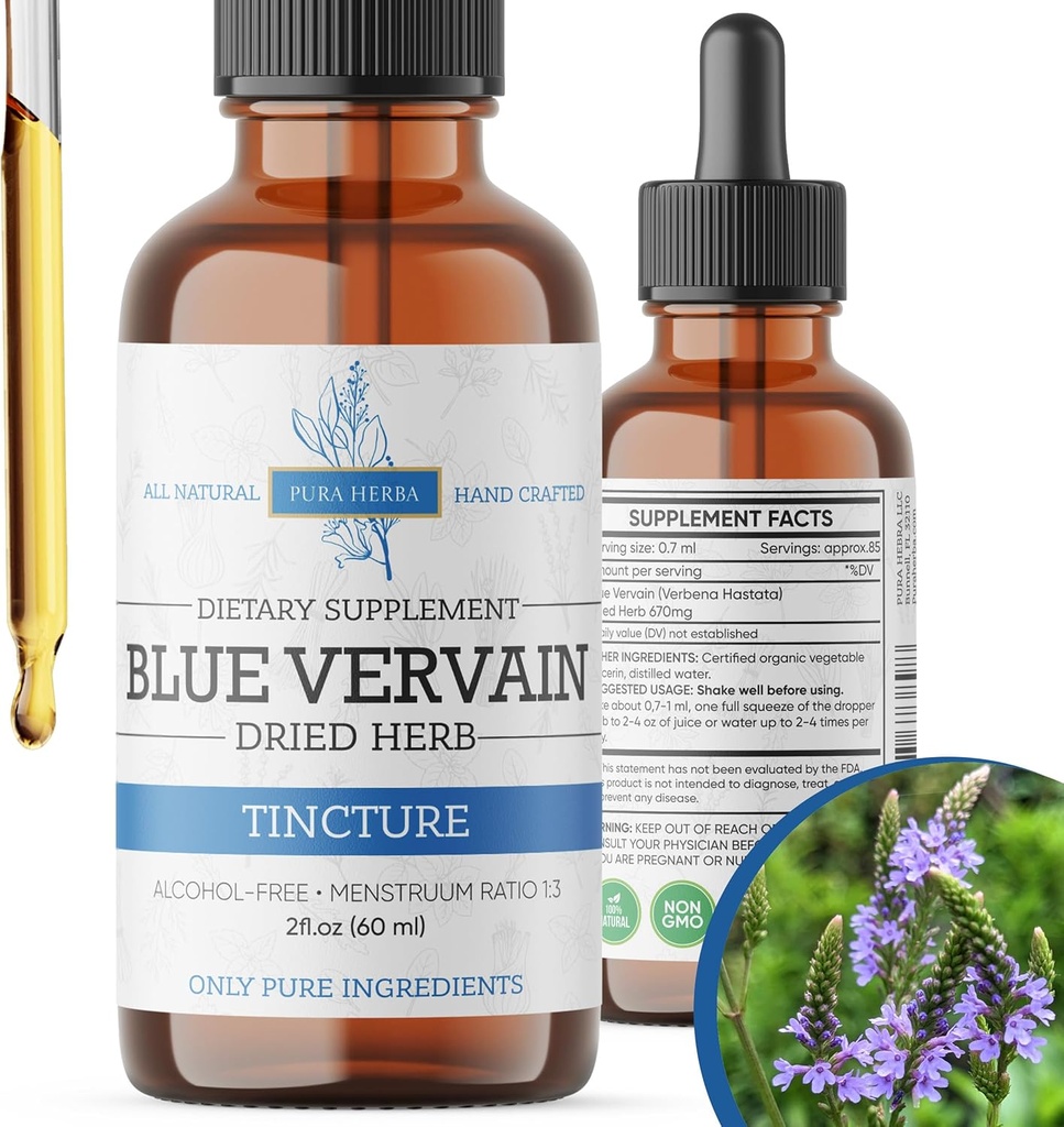 Błękitna werbena Herb Organic, Błękitna werbena nalewka, Alkohol wolny, Wegan - 2 Fl Oz