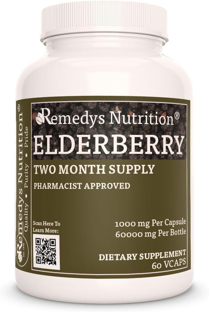 Remedy 's Nutrition Elderberry Breath 124; 1000 mg, 60 Vegan Capsules Herbal Dietary Supplement Equipment 124; Dwa miesiące dostaw