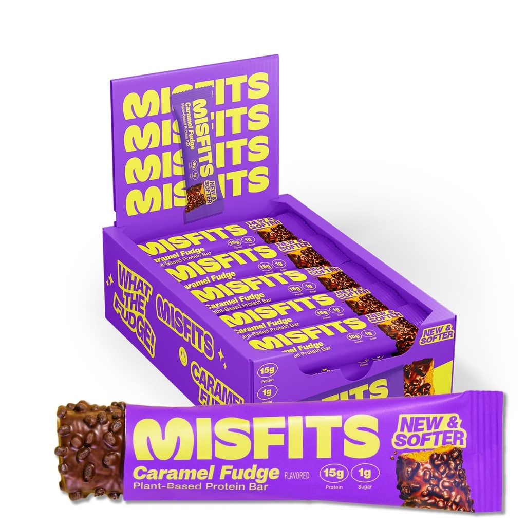 Misfits Wegan Protein Bars, Karmel Fudge - Aktualizacja przepisu 124; Roślina oparta, niski cukier & Carb, Wysokie przekąski włókno 124; Opakowanie 15