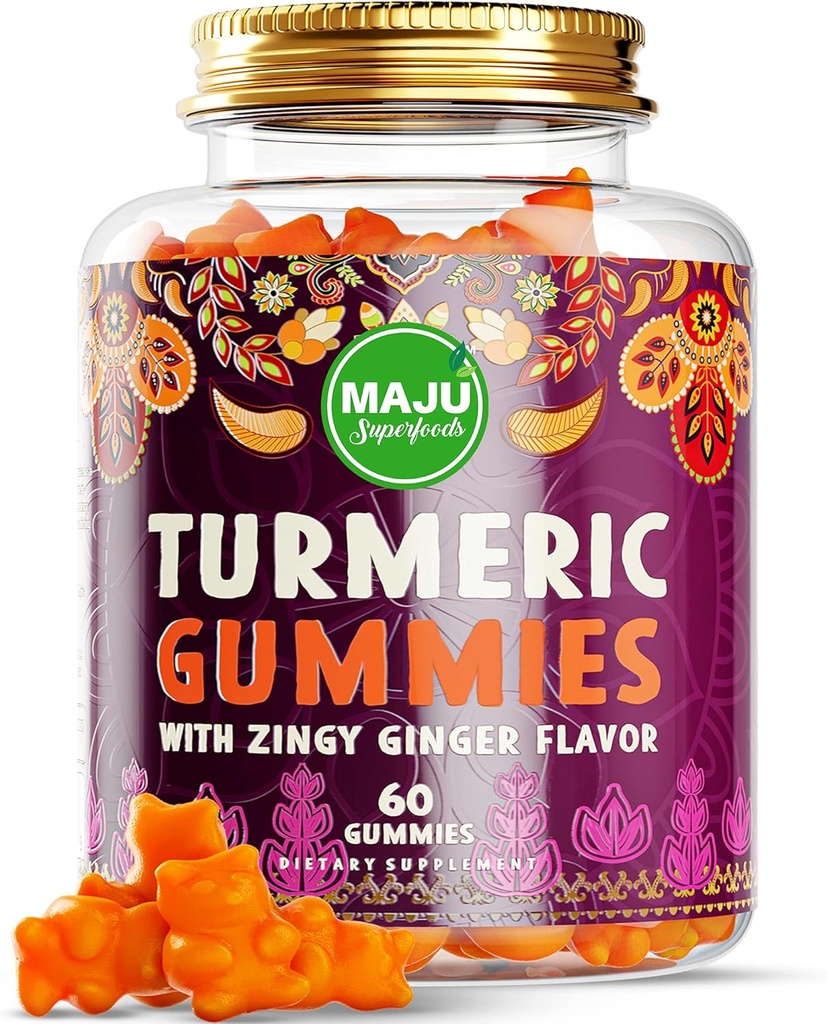 Maju Superfoods Turmeric Curcumin Gummies 60ct, Zingy Ginger Taste, Black Pepper Extract for Enhanced Absorption and Potency, Turmeric Gummies for Adult and Kids