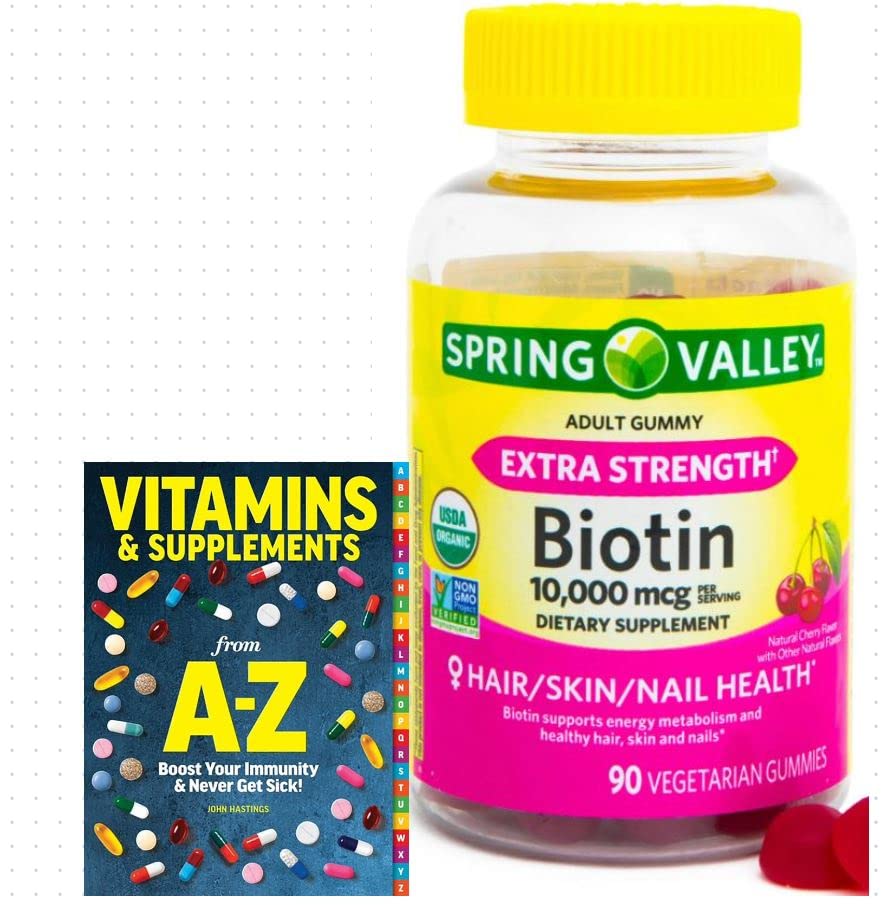 Spring Valley Biotin 10,000mcg Wegetariański suplement gumowy, 90ct + Lepszy Przewodnik Witaminy Suplementy