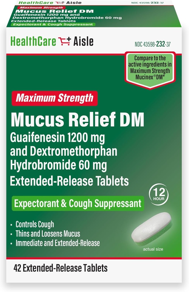 HealthCareAisle Guaifenesin 1200 mg Dekstrometorfan Hydrobromek 60 mg Rozszerzone tabletki uwalniające - 42 Count - Mucus Relief Expectorant i Cough Suppressant Preparowane dla Chest Congestion Relief