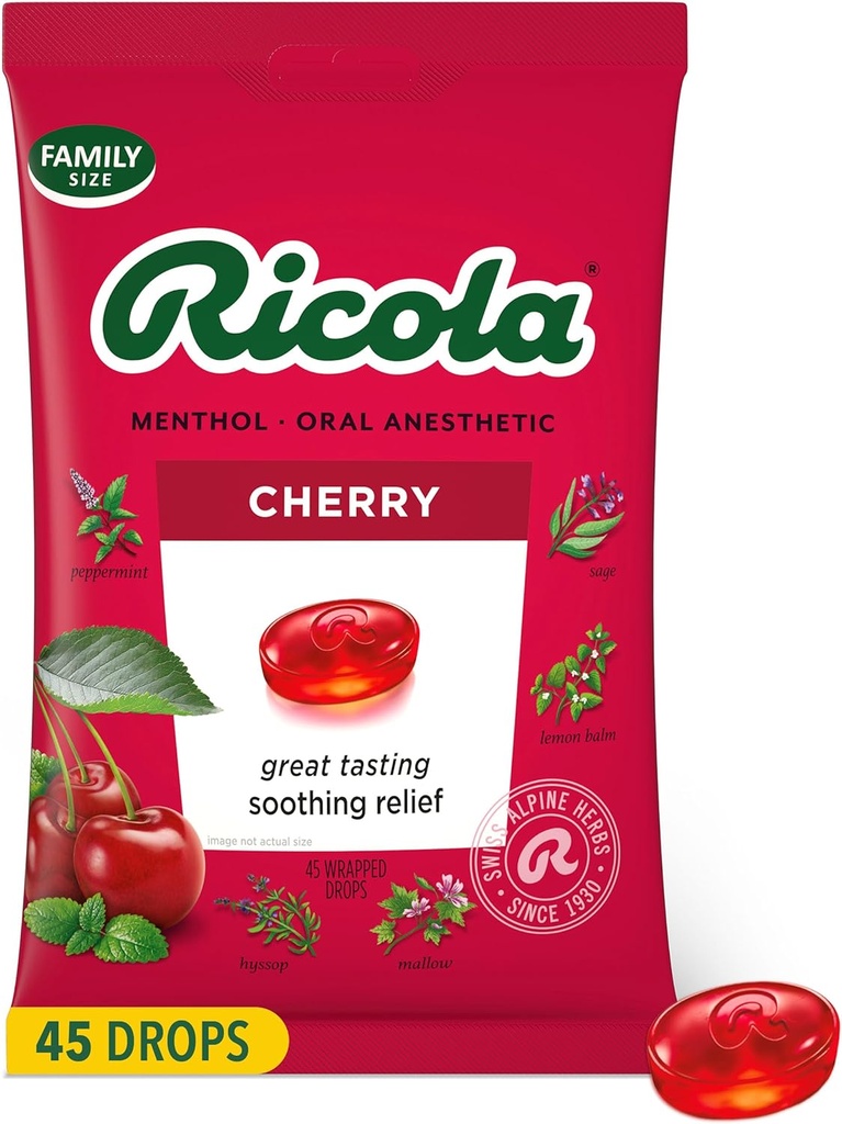 Ricola Cherry Throat Drops, 45 Hrabia, Daily Drops For Delicious Throat Odświeżanie, Anonimowe, naturalnie aromatyczne