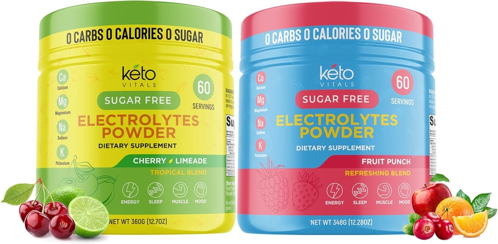 Keto Vitals Cherry Limeade Bundle with Fruit Punch - 2 Pack Bundle Keto Electrolytes Powder - Keto- Friendly Electrolytes with Potasu, Magnezu, Sodu, Wapnia - Cherry Limeade & Fruit Punch
