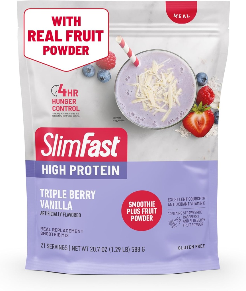 SlimFast High Protein Smoothie Mix Plus Fruit Powder, High Protein Meal Replacement Powder, Włókno, Witamina C, 21 Słupki, 1.29 Pounds, Triple Berry Vanilla (Packaging May Vary)