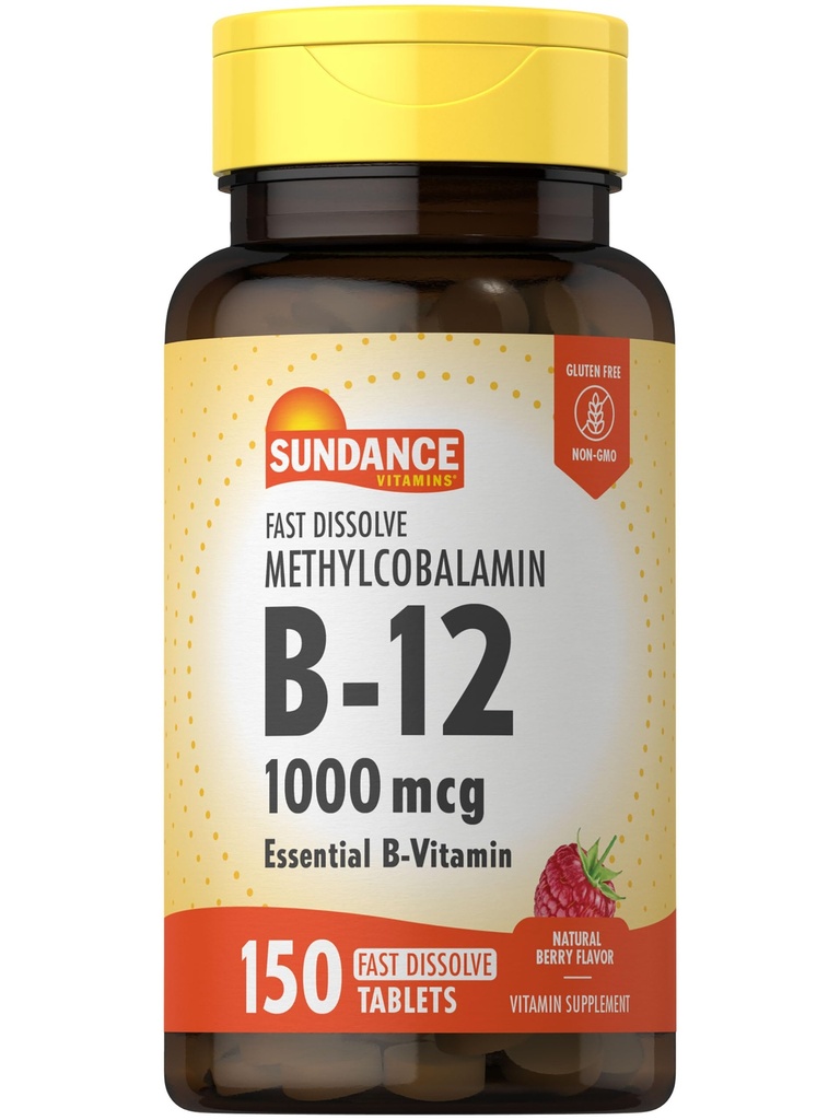 Sundance B- 12 Methylcobalamin 1000 mcg < 124; 150 Szybkie rozpuszczanie tabletek < 124; Natural Berry Flavor < 124; Wegetarian, Non-GMO i gluten Free Esential witaminy suplement