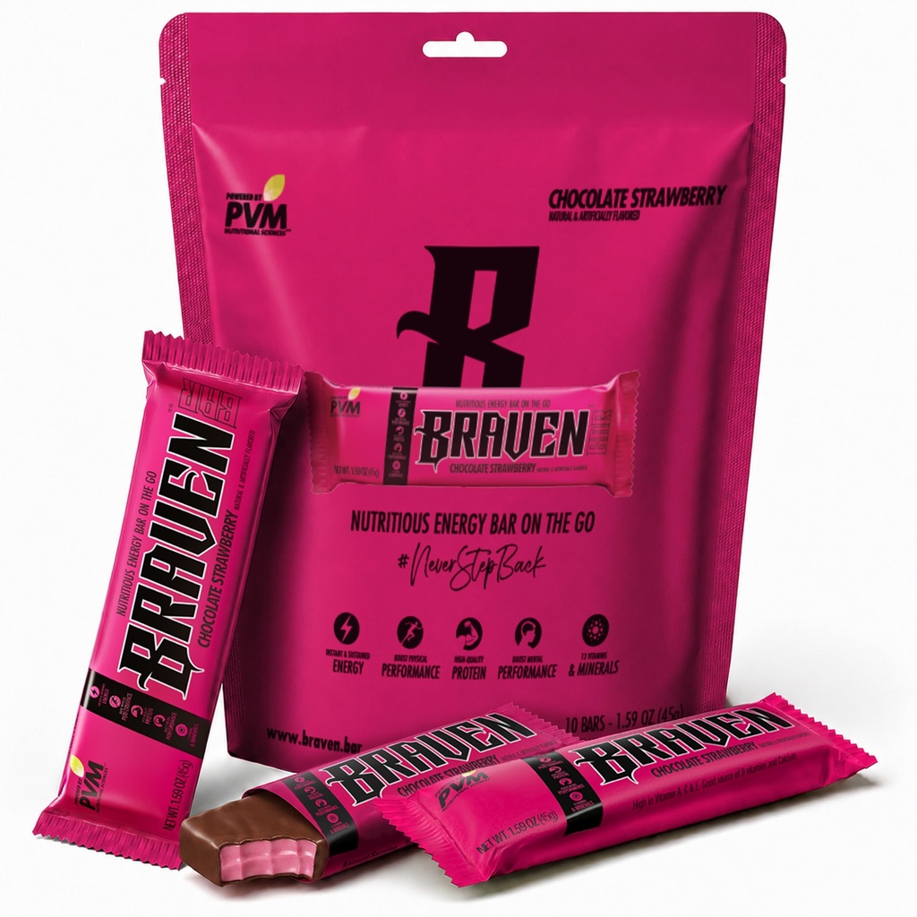 Braven Bar Czekoladowe truskawkowe bary energetyczne (1.59 oz, Pack of 10) - Przeżuwa energetyczne z 5 g białka - On- the- Przekąski energetyczne dla biegania, piesze piesze i sportowe - Gluten Free przekąski dla trwałej energii Boost