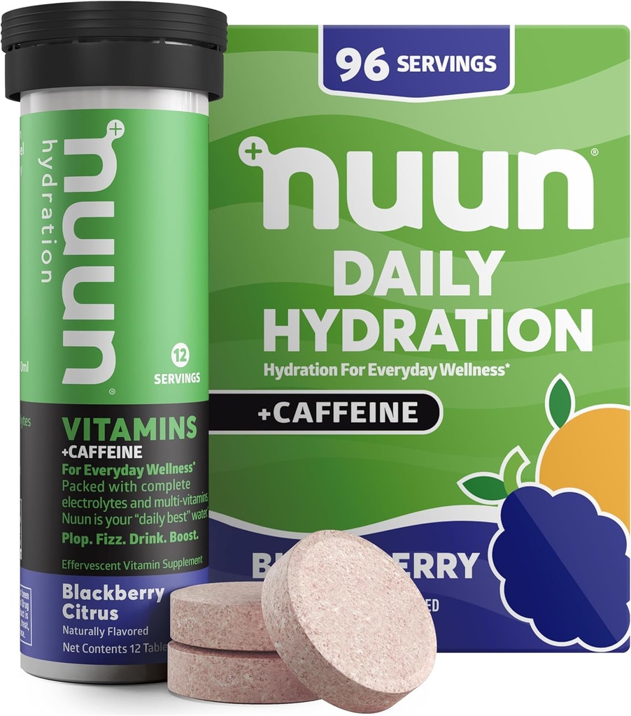 Nuun Vitamin + Kofeina Electrolyte Tablets z witaminą D, C, E, A, & B6, Kwas foliowy, Magnezu & 4 Inne niezbędne elektrolity, Gluten Free & Vegan, Blackberry Citrus, 8 Pack (96 Służenie ogółem)