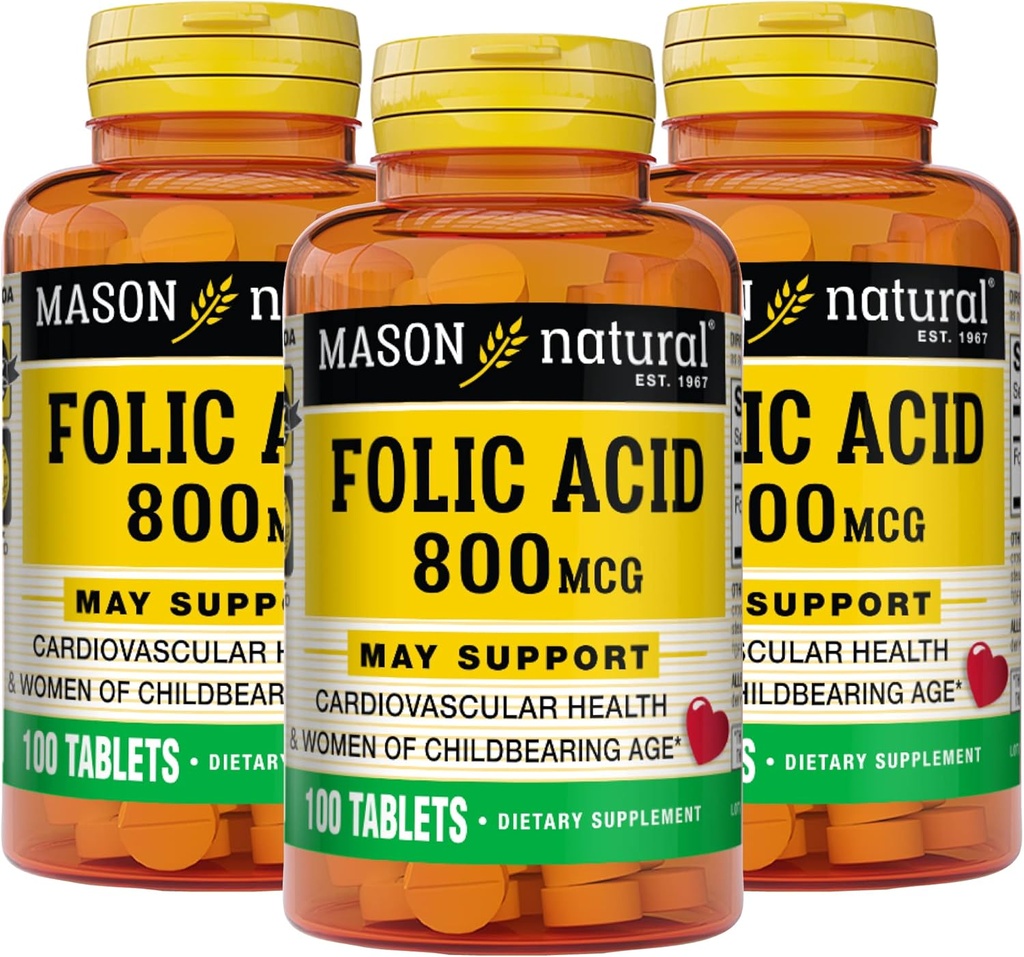 MASON NATURAL Folic Acid 800 mcg - Pomaga w funkcji układu nerwowego, Codzienne uzupełnienie dla zdrowia, nastrojów i opieki prenatalnej, dla kobiet w wieku rozrodczym, 100 tabletek (opakowanie po 3)