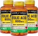 MASON NATURAL Folic Acid 800 mcg - Pomaga w funkcji układu nerwowego, Codzienne uzupełnienie dla zdrowia, nastrojów i opieki prenatalnej, dla kobiet w wieku rozrodczym, 100 tabletek (opakowanie po 3)