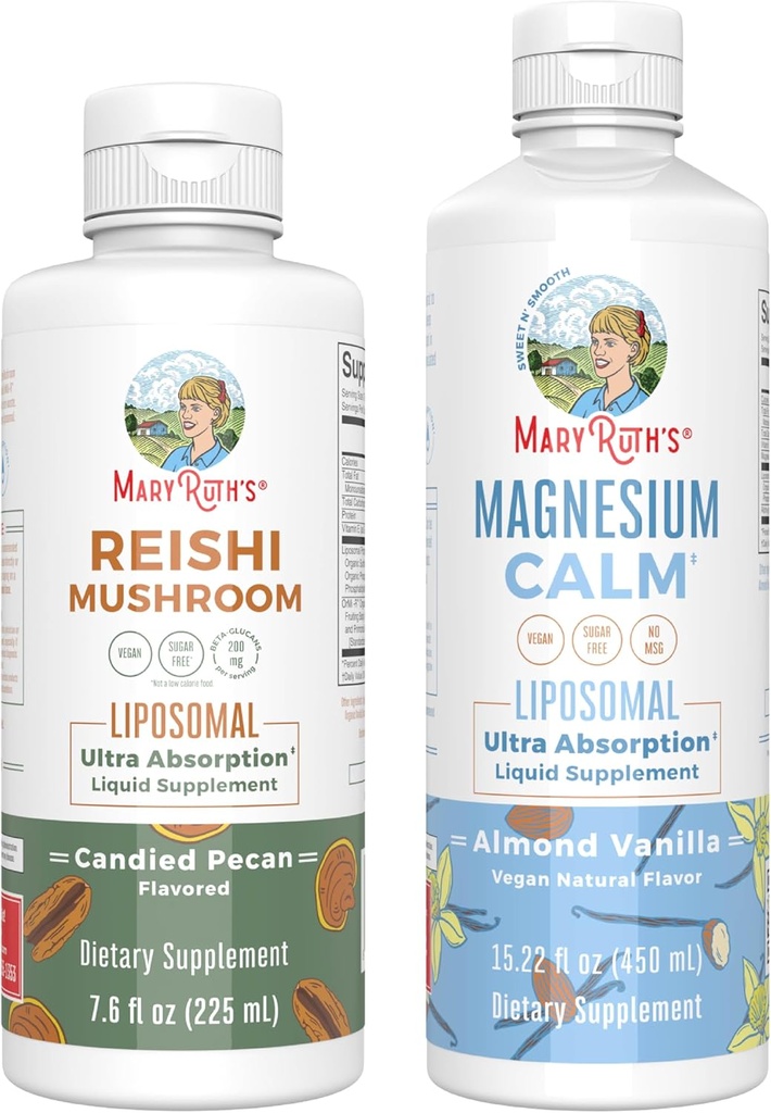 MaryRuth Organics Reishi Liposomal (Candied Pecan) & Magnez (Almond Vanilla) 124; Clean Label Project Verified ® Revised 124; Witaminy dla odporności, Spokój, & Ogólny Wellness 124; Wegan, Non-GMO, Gluten- Free