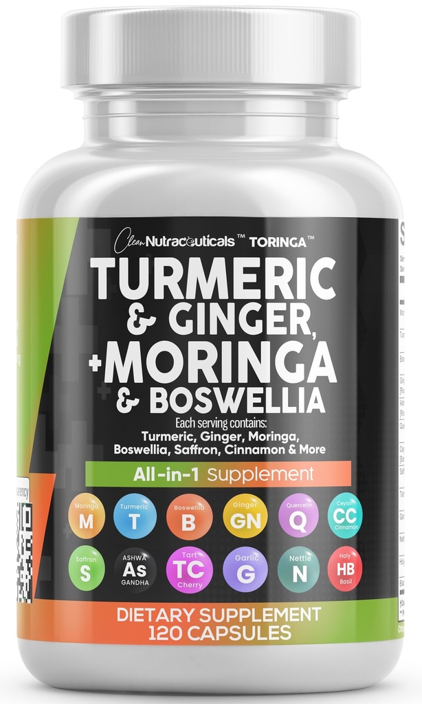 Clean Nutraceuticals Turmeric Moringa Supplement Agregat 124; Ginger Boswellia Saffron - Suplement dla kobiet i mężczyzn z Ceylon Cynamon, Tart Cherry, Quercetin Czosnek Nettle Holy Basil - 1Pack