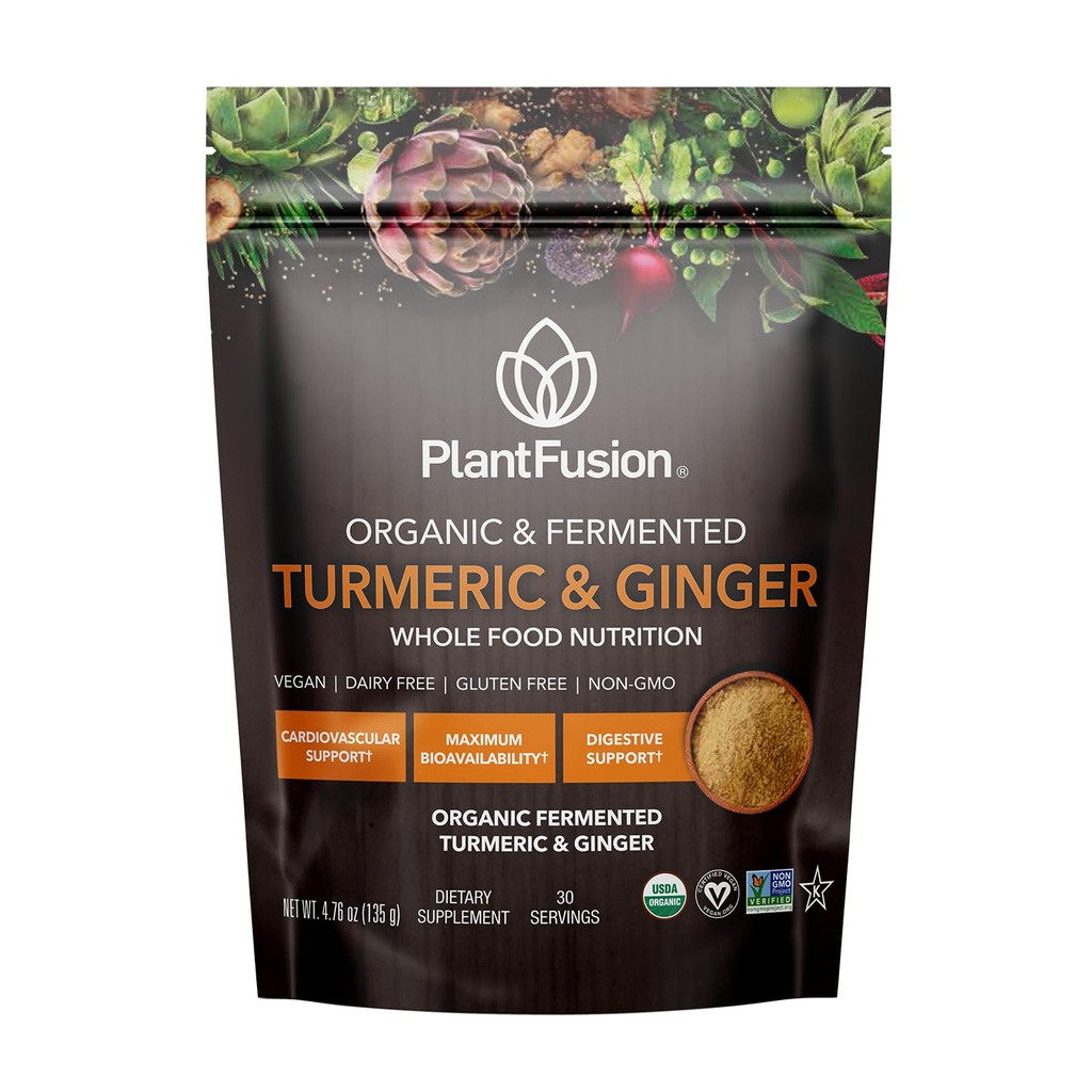 PlantFusion Turmeric and Ginger Drink Mix - Fermentowany cały pożywienie, Ziołowy dodatek proszek z kurkuminoidami - USDA Certified Organic, Non-GMO, Wegan, Gluten- Free, 4.76 oz 30 Służenie