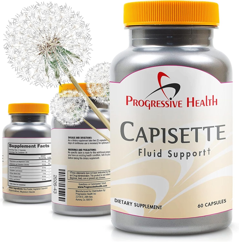 Capisette Water Retention Support - Redukuje obrzęki stóp, kostek i nóg - Redukuje obrzęk i zatrzymanie płynów z Edemy. Zawiera: Potas, korzeń Dandelion, suplement diety (60 kapsułek)