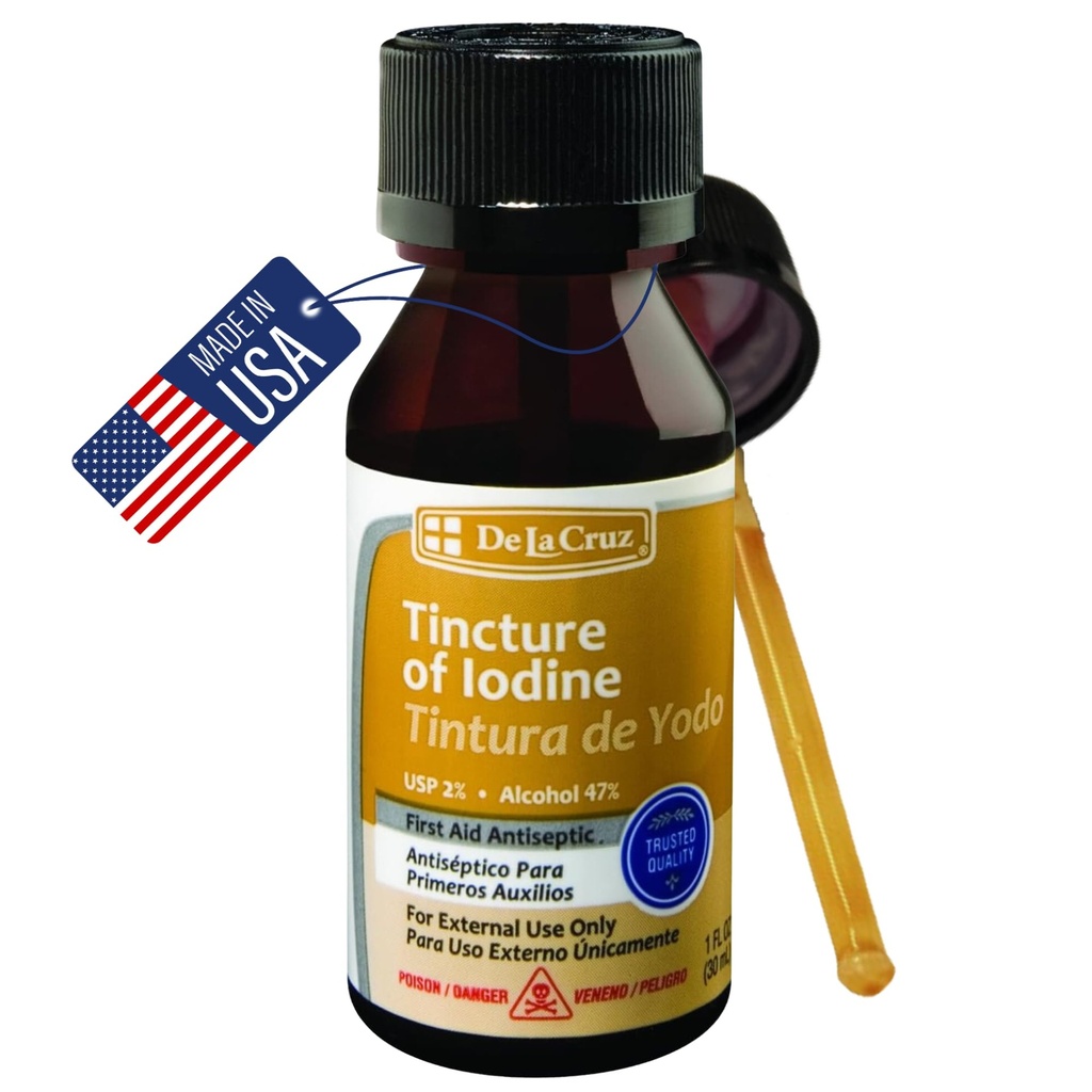 De La Cruz 2% jodu pierwszej pomocy antyseptyczne, Made in USA 1 FL OZ (1 butelka)