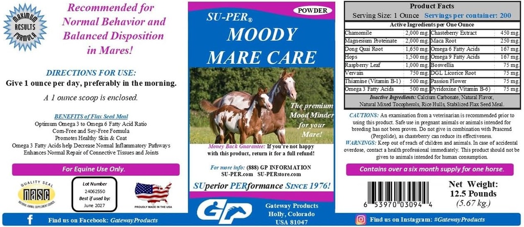 SU- PER Moody Mare Care Powder - Herbal Equine Horse Supplement z Chasteberry & Maca Root - 12,5 funtów