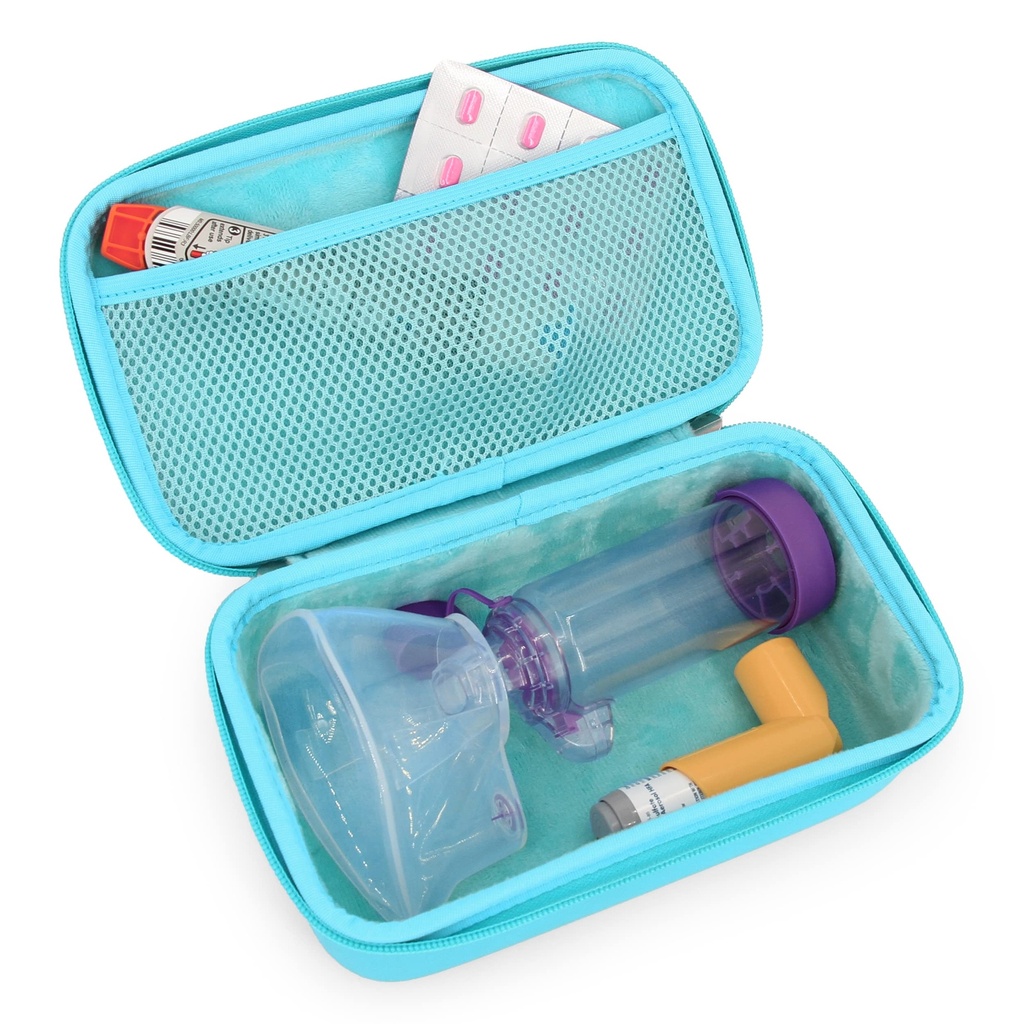 Casematix Astma Inhaler Case for Travel Fits Astma Inhaler Spacer z dołączoną maską, Inhaler Holder i dodatkowe akcesoria używane z spacerem do Inhaler, zawiera tylko Turkusowy Astma Case