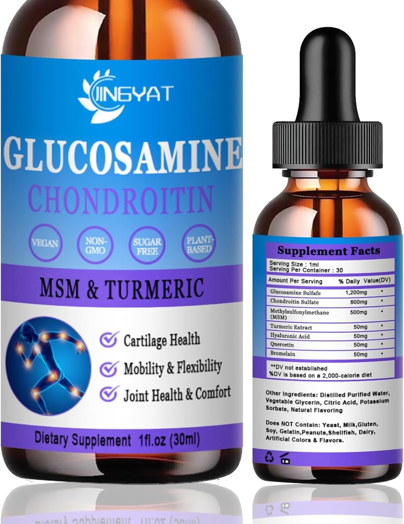 Glukozamina Chondroitin płynne krople 2000mg, liposomal Glukozamina Chondroitin MSM, Chondroitin & Glukozamina Nutritional Supplements w / ekstrakt Turmeric, Kwas hialuronowy, Quercetin i Bromelain