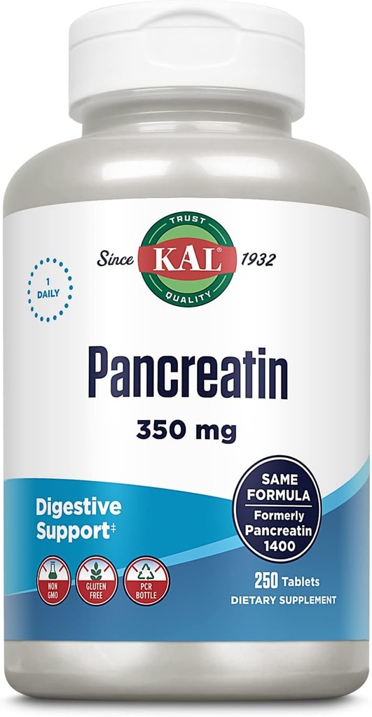 KAL Pancreatin 350mg, Digestive Enzymes for Women and Men, Pancreatic Enzymes for Digestive Health Support, Gluten Free, Non-GMO, Szybka rozpad, 60- Day Guarantee, 250 Servings, 250 Tablets