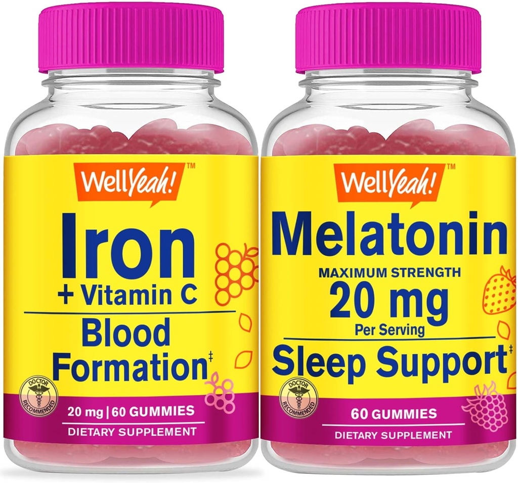 WellYeah Żelazko + Witamina C + Melatonina 20mg, Gummies Bundle - Great Desting, Suplement witaminy, Bez glutenu, Bez GMO, Gummy do żucia