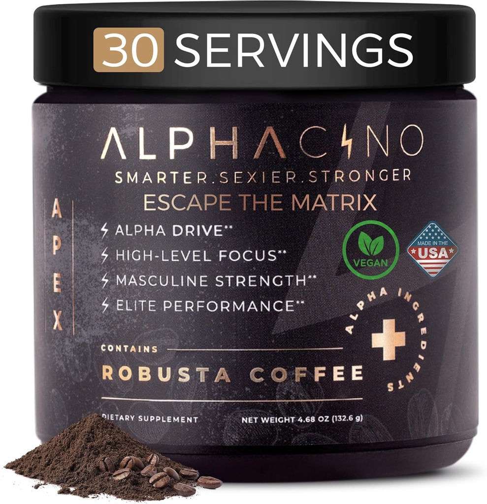 Alphacino Apex Instant Mushroom Coffee - Black Maca Ashwagandha + Energy Drink Powder for Men, Idealny do Muscle Building Growth, Sharp Focus & Stamina, Mens Energy Drink Mix, S7- 30SV (4.68 oz)