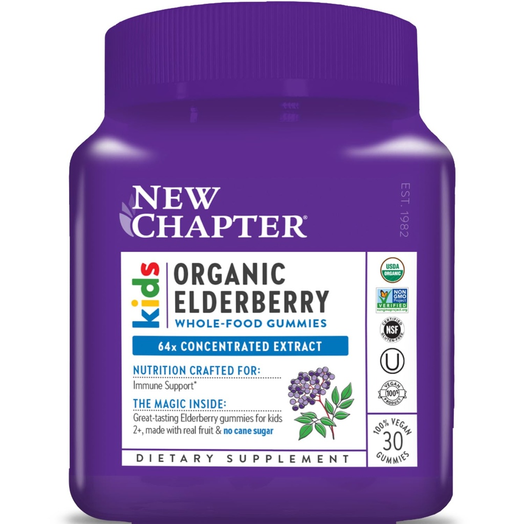 Nowy rozdział Gummies Elderberry dla dzieci 2 +, USDA Organic, 64x Skoncentrowana Czysta Elderberry dla wsparcia immunologicznego, Great Desting Whole- Food Gummies, Wegan & Non-GMO, 30
