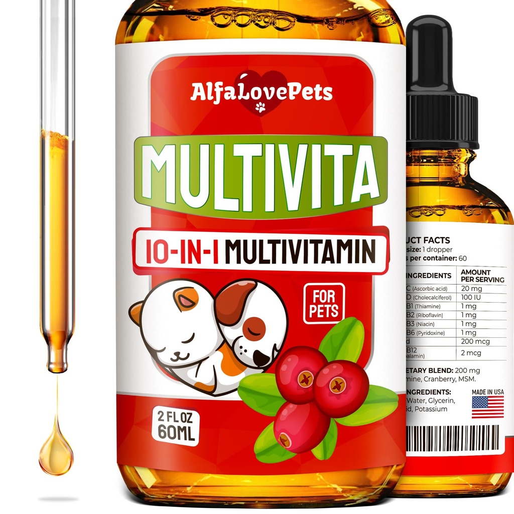 Liquid Multivitamin for Dogs - Kot Multivitamin for Indoor Cats - 10- in-1 Liquid Dog Vitamin B Complex, C, D3 - Trawienie, oddawanie moczu, Hip & Joint, Skóra & Coat - Żurawinowy Flavor - 2 Oz
